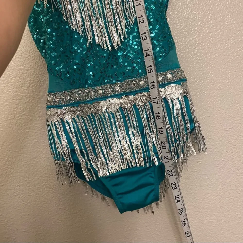 Glamour dance costume teal silver fringe contemporary Broadway embellished SA